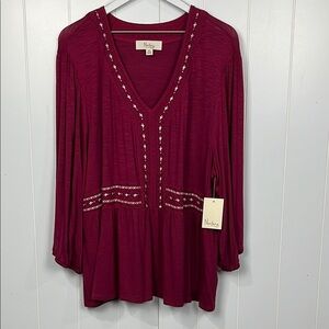 Nurture Womens Knit Tunic 2X Wine Red Pullover Embroidery Peplum Hem Soft Casual